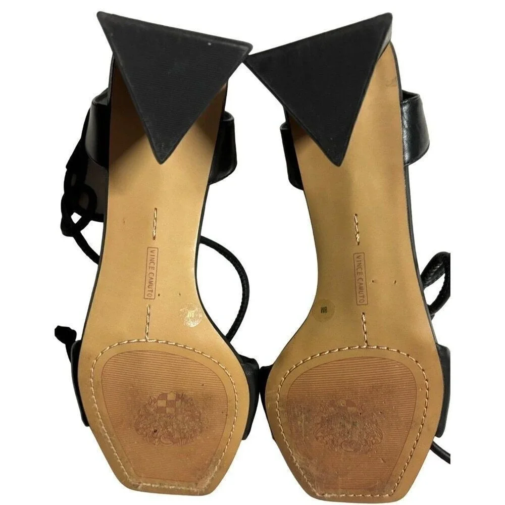 VInce Camuto Vernisa, Block Heel Black Leather Stappy‎ Sandals Shoes Size 8